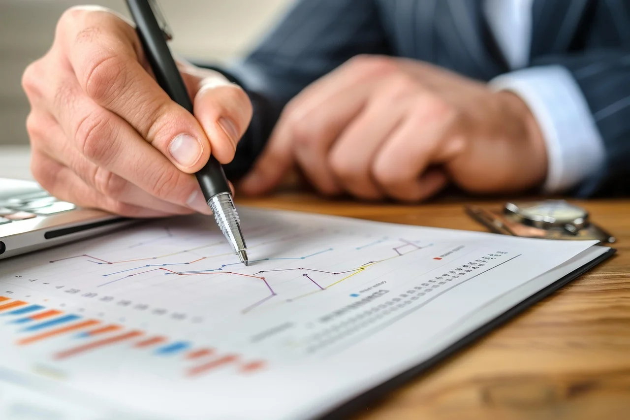 Businessman's hand writing notes on a financial report, emphasizing analysis and decision-making.