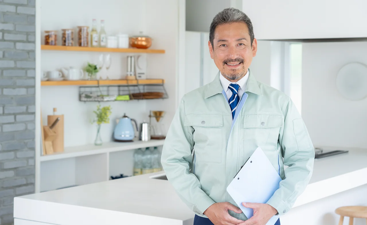Asian man in a kitchen holding a folder, appearing focused and engaged in a task.